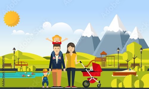 Happy Big Family in The Park Flat Style Vector Illustration Eps10