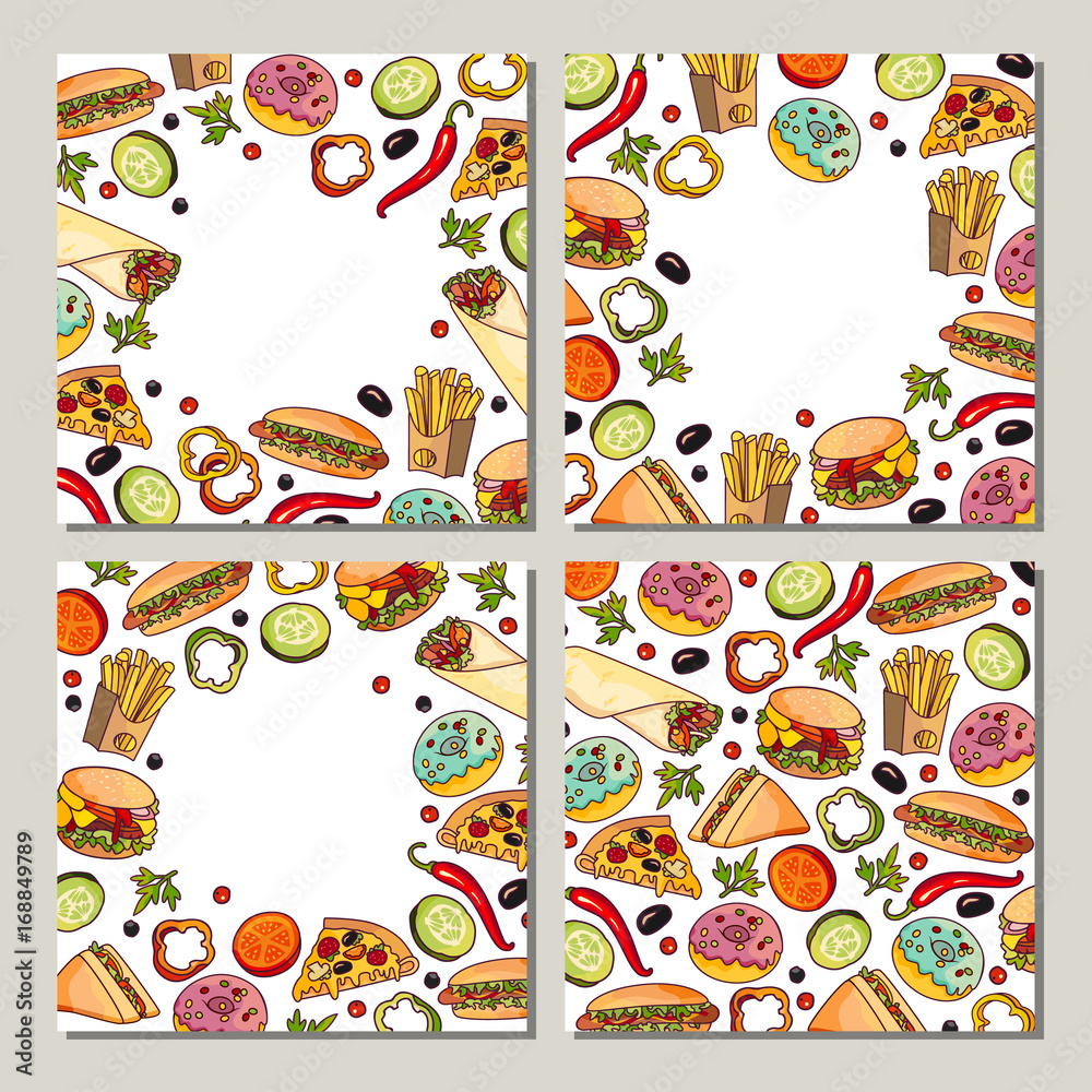 Vector fast food template set. burger pizza slice, roll doner kebab potato fry sandwich donut. flat cartoon isolated illustration on a white background. Mixed objects with free space for your text