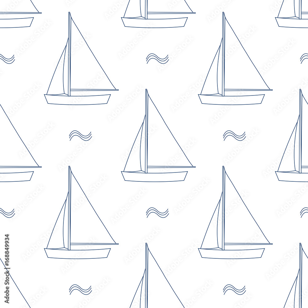 Sails in blue outline and white plane style on white background. Seamless pattern.