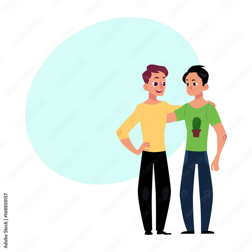 Male friendship - two boys, men, friends hugging each others, waving, cartoon vector illustration with space for text. Front view portrait of boys, men, friends standing, hugging each other Male friendship - two boys, men, friends hugging each others, waving, cartoon vector illustration with space for text. Front view portrait of boys, men, friends standing, hugging each other