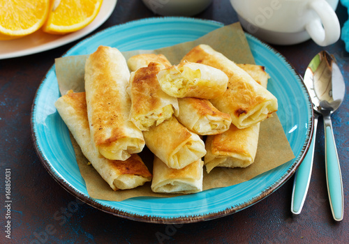 Fried rolls with dough filo and cheese curd cheese filling.