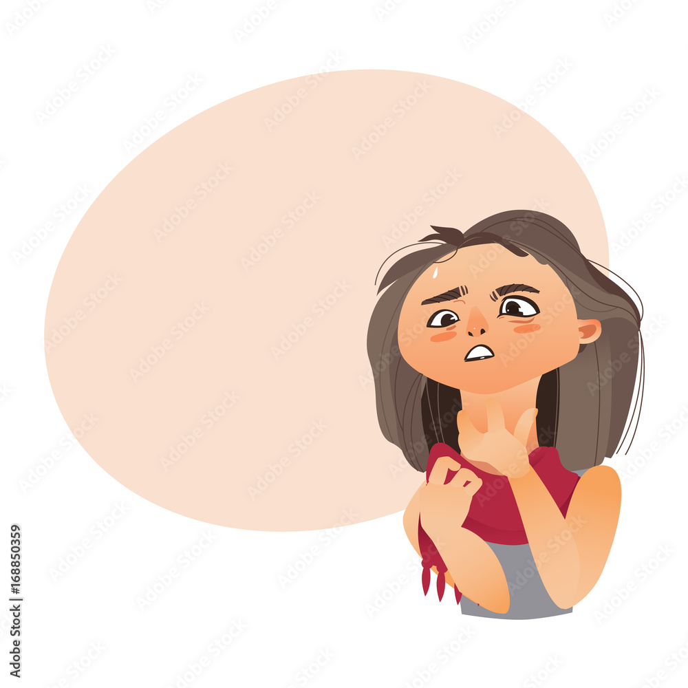 Woman having sore throat, flu, influenza, cartoon vector illustration isolated on white background with speech bubble Woman having sore throat, flu, influenza, cartoon vector illustration isolated on white background with speech bubble