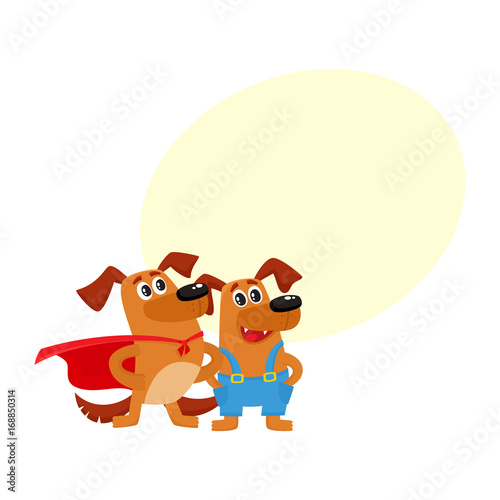 Greeting card, banner, poster template with two funny dog characters, hero and worker, cartoon vector illustration. Two funny dogs, in red cape and blue overalls, poster, banner, greeting card design