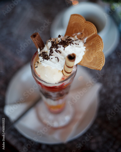 Fruit sundae, Knickerbocker Glory in tall glass photo