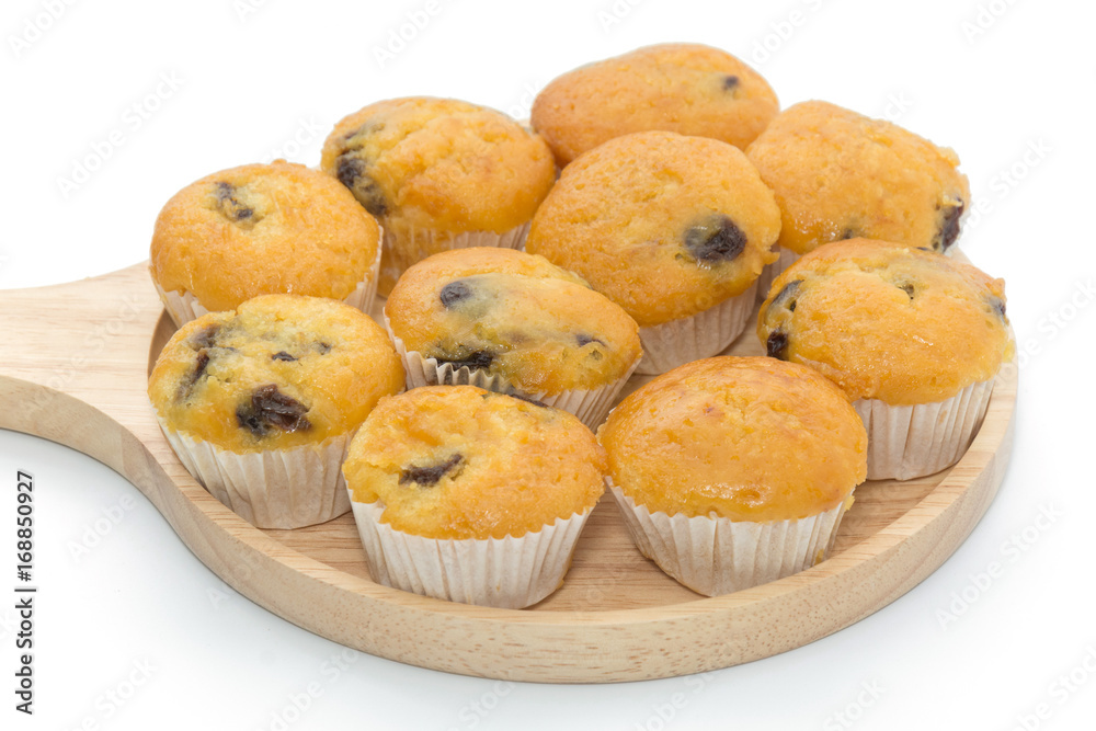 Banana Cup Cakes with raisin topping isolated on white background