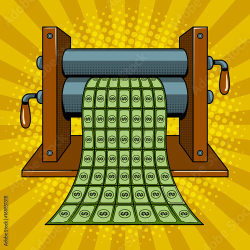 Printing machine prints money pop art vector