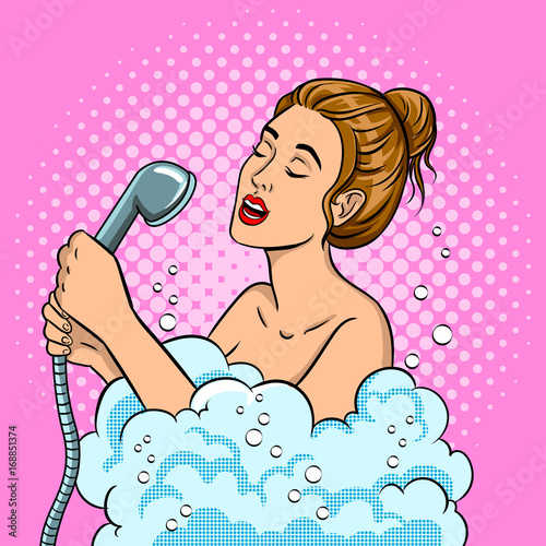 Girl singing in the shower pop art vector