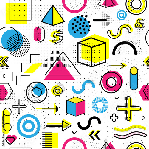 Geometric memphis seamless isolated pattern for fashion and wallpaper. Universal colorful decorative geometrical background