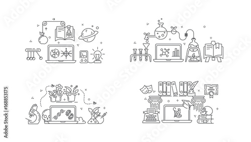 Scientific or educational laboratories. Physics, mathematics, biology, botany, chemistry, and literature. Linear vektor illustration