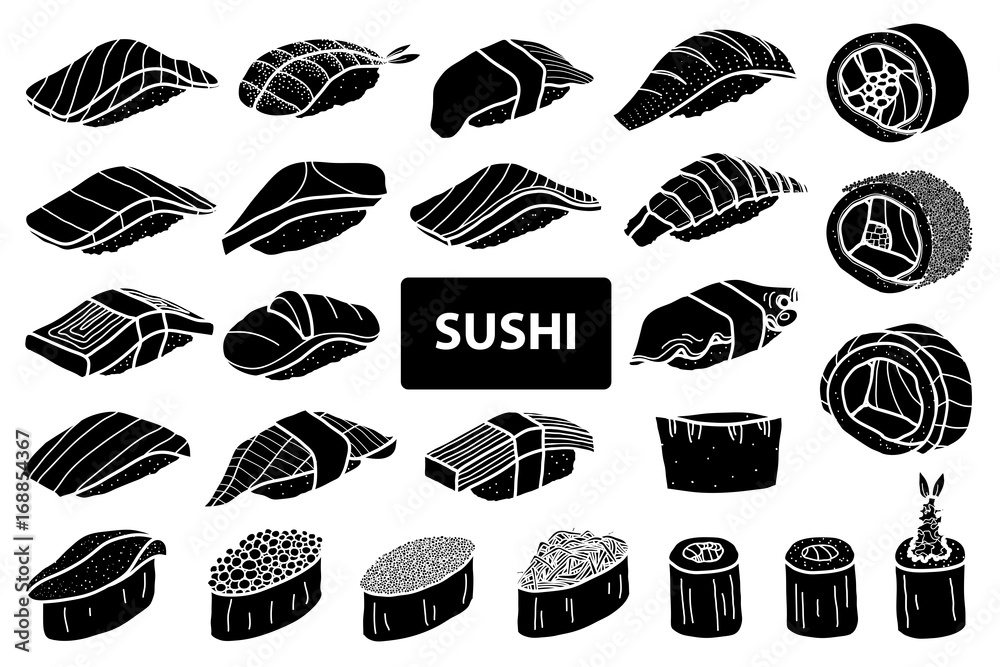 Set of 25 isolated silhouette sushi and roll. Cute Japanese food hand drawn style.