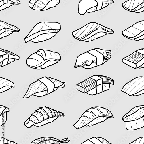 A lot of sushi in black outline array on light grey background. Cute Japanese food hand drawn style. Seamless pattern.