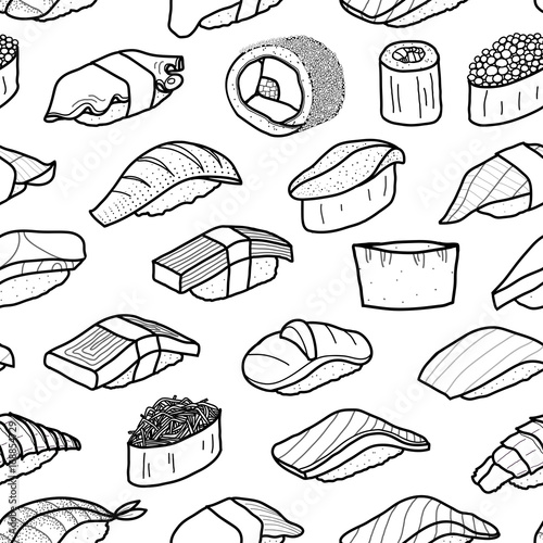 A lot of sushi in black outline random on white background. Cute Japanese food hand drawn style. Seamless pattern.