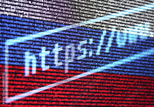 Address bar of the browser https://www. against the background of the Russian flag from the program code