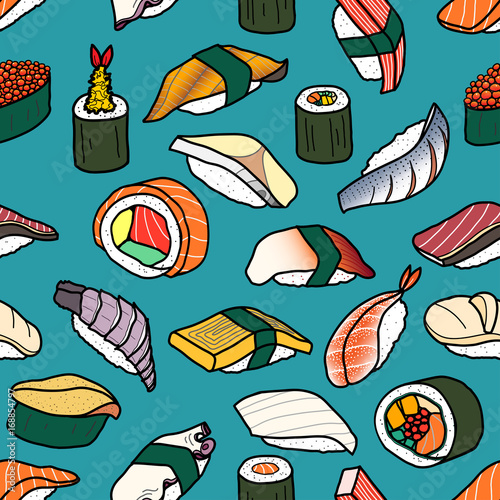 Colorful sushi random on vintage blue background. Cute Japanese food hand drawn style. Seamless pattern.