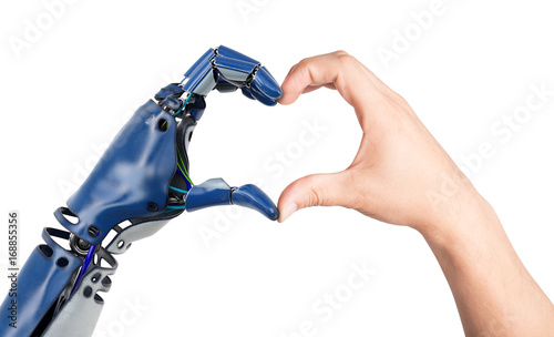 Heart shaped by human and robot hands. Isolated on white background. 3D illustration.