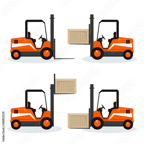 Orange Forklift Truck with Different Cargo Positions, Vehicle Forklift Picks up a Box, Cargo Below in the Middle and Above and Without , Vector Illustration
