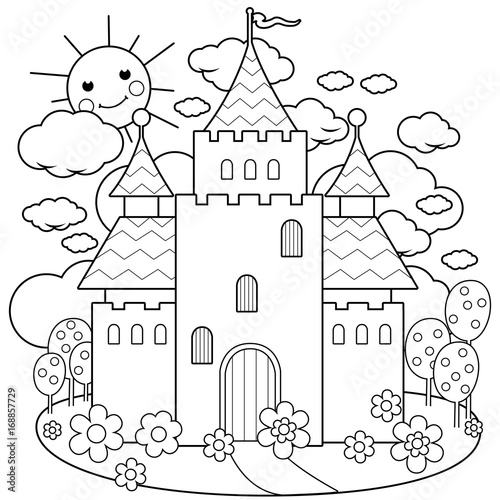Fairy tale castle and a beautiful garden with flowers. Vector black and white coloring page.