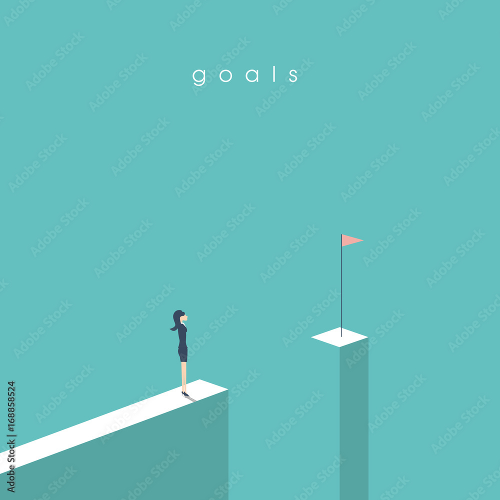 Businesswoman standing in front of gap looking at flag. Business concept of goals, success, achievement and challenge. Businesswoman standing in front of gap looking at flag. Business concept of goals, success, achievement and challenge.