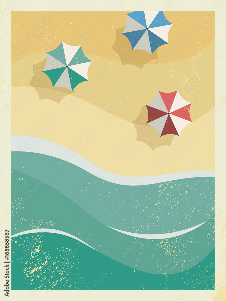Φωτογραφία Vintage retro grunge edges summer holiday or party poster or postcard template with sunny sandy beach, sea with waves and umbrellas