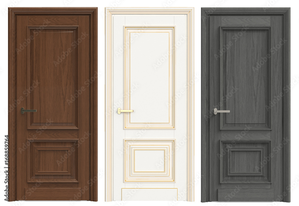 Three wooden doors on a white background
