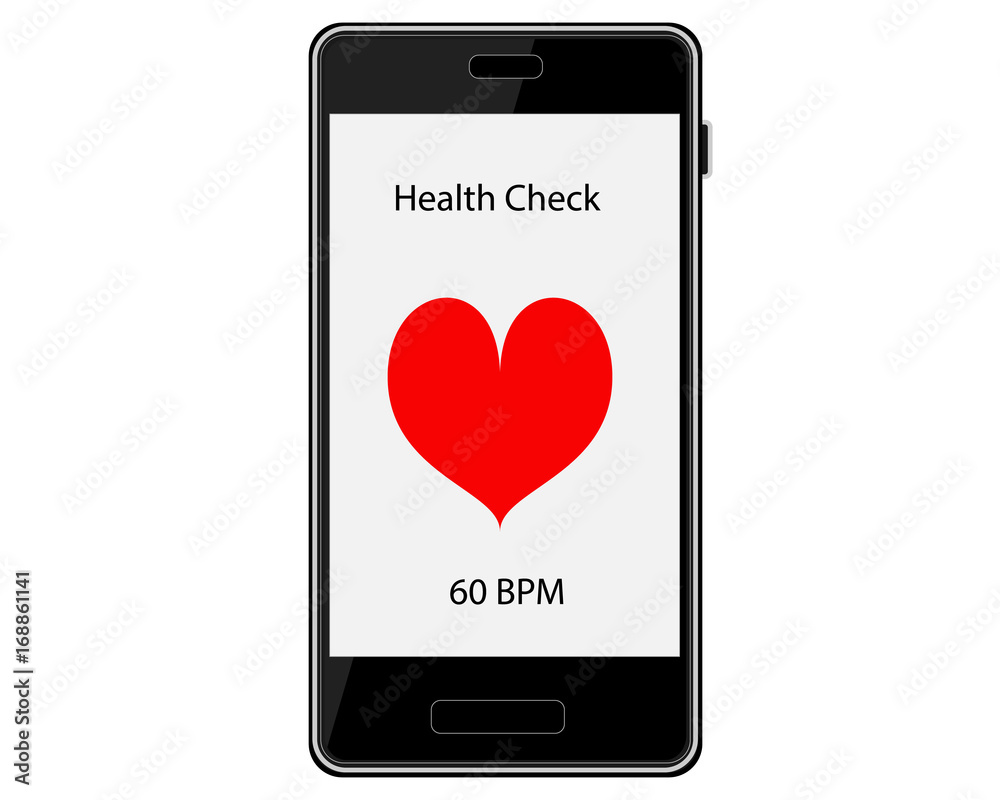 mobile smart phone showing a large red heart along with the text health check and 60 ppm on the screen. mobile smart phone showing a large red heart along with the text health check and 60 ppm on the screen.