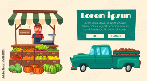 Farm shop. Local stall market. Selling vegetables. Cartoon vector illustration.