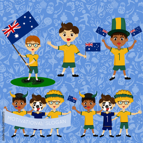 Set of boys with national flags of Australia. Blanks for the day of the flag, independence, nation day and other public holidays. The guys in sports form with the attributes of the football team