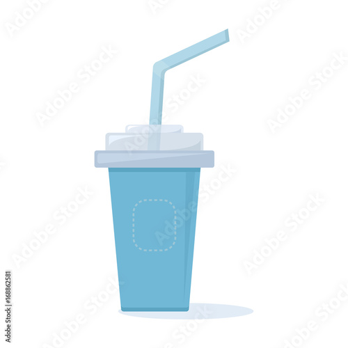 Blue plastic cup with lid and straw for coffee, tea, juice, cocktails. Vector illustration