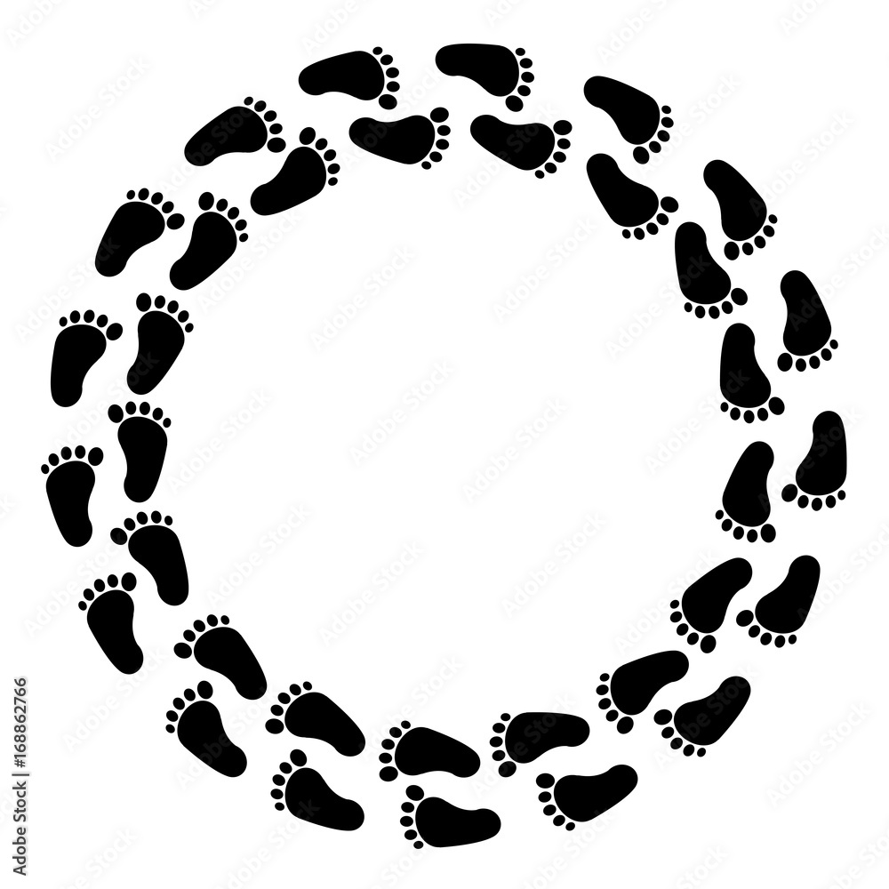 Black traces of human feet, round frame. Vector background Black traces of human feet, round frame. Vector background