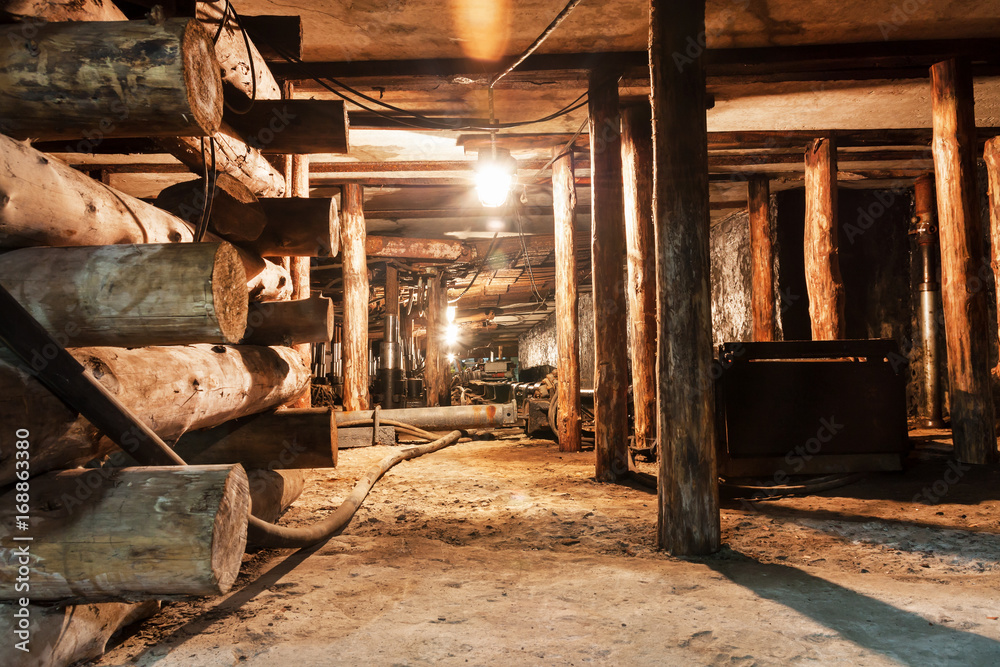 Underground coal mine with automated timbering. Coalface, drift.