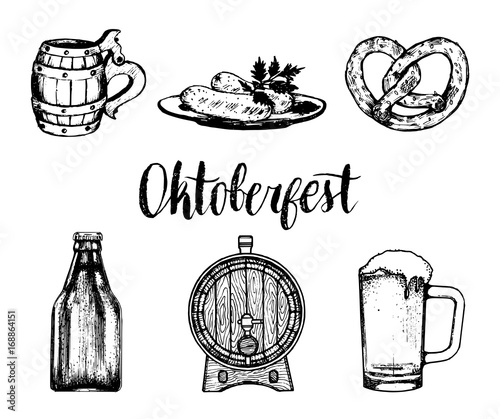 Oktoberfest symbols collection for beer festival flyer and poster. Vector hand sketched set of glass mug, pretzel etc.