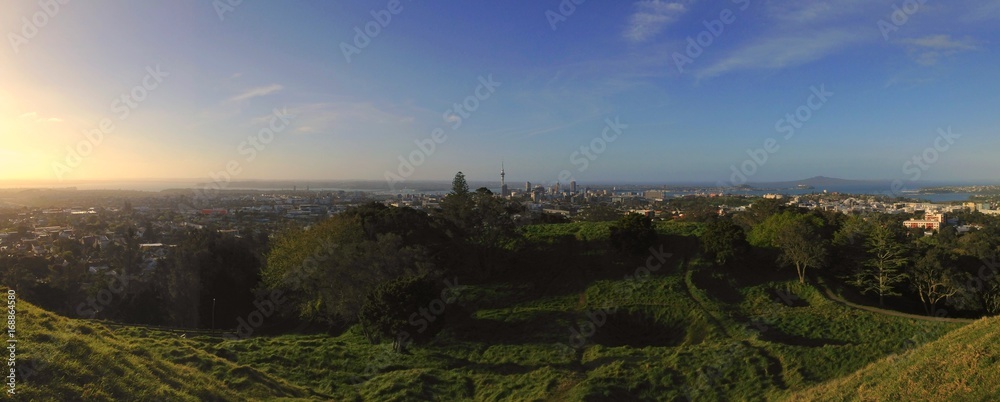 panorama of Auckland, New Zealand at sunset from summit of Mount Eden