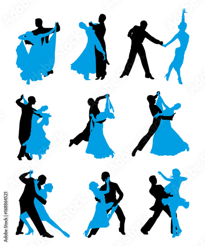 set of vector illustrations of dancing couples. black and blue outline