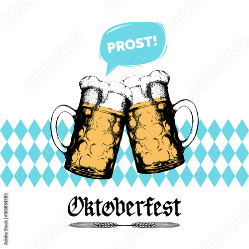 Oktoberfest flyer. Vector beer festival poster. Brewery label or badge with vintage hand sketched glass mugs