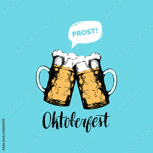 Oktoberfest flyer. Vector beer festival poster. Brewery label or badge with vintage hand sketched glass mugs
