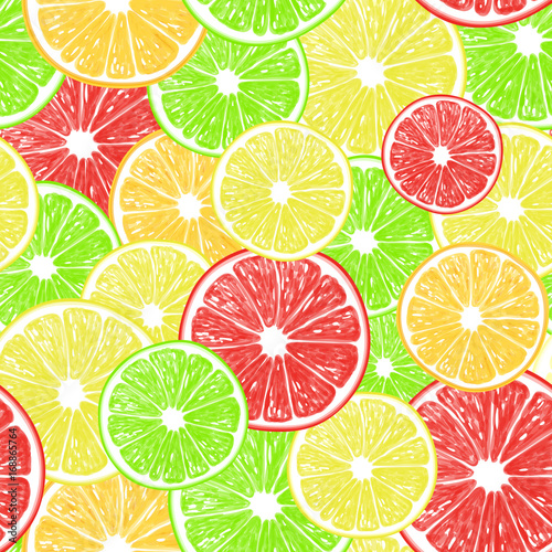 Seamless pattern with various citrus fruit slices- lemon, orange, grapefruit and lime. Vector background for design.