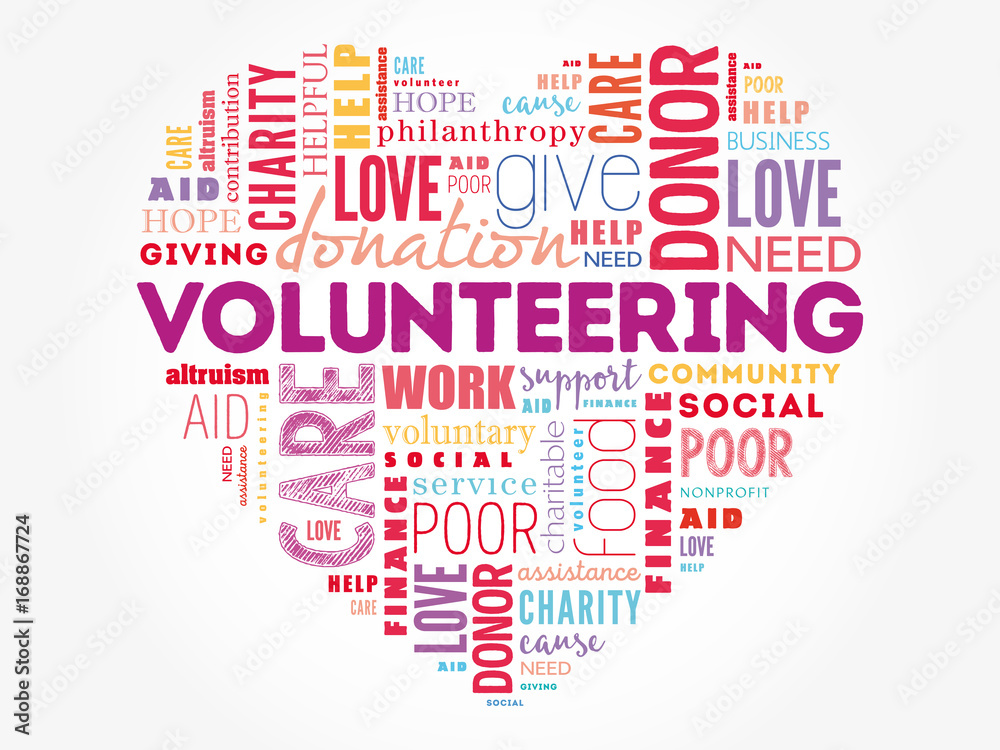 Volunteering word cloud collage, heart concept background