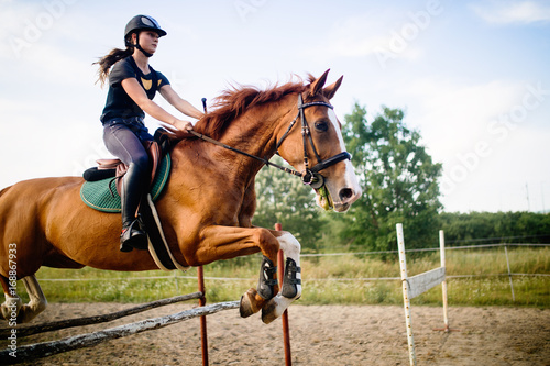 Young female jockey on horse leaping over hurdle © NDABCREATIVITY