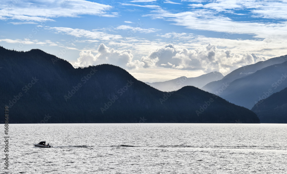 Howe Sound near Vancouver, fishing man, Rocky Mountains