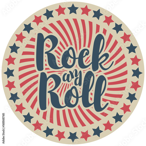 The inscription rock and roll on round vector emblem with the rays and red and blue stars in retro style