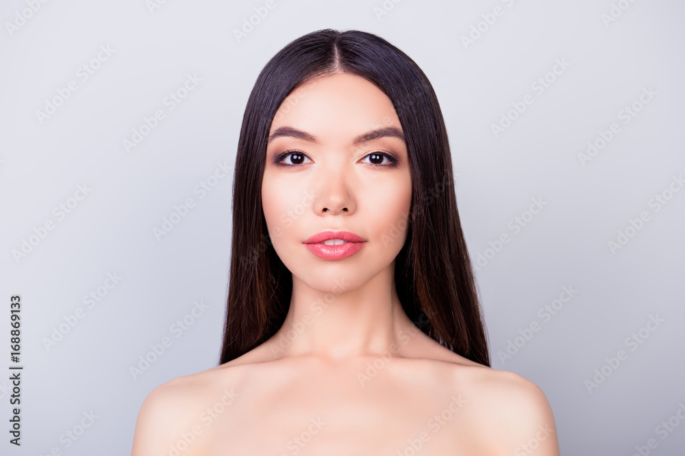 Beauty and health concept. Young pretty asian lady with healthy skin, hair, looking straight in the camera. So fresh, attractive and healthy Beauty and health concept. Young pretty asian lady with healthy skin, hair, looking straight in the camera. So fresh, attractive and healthy