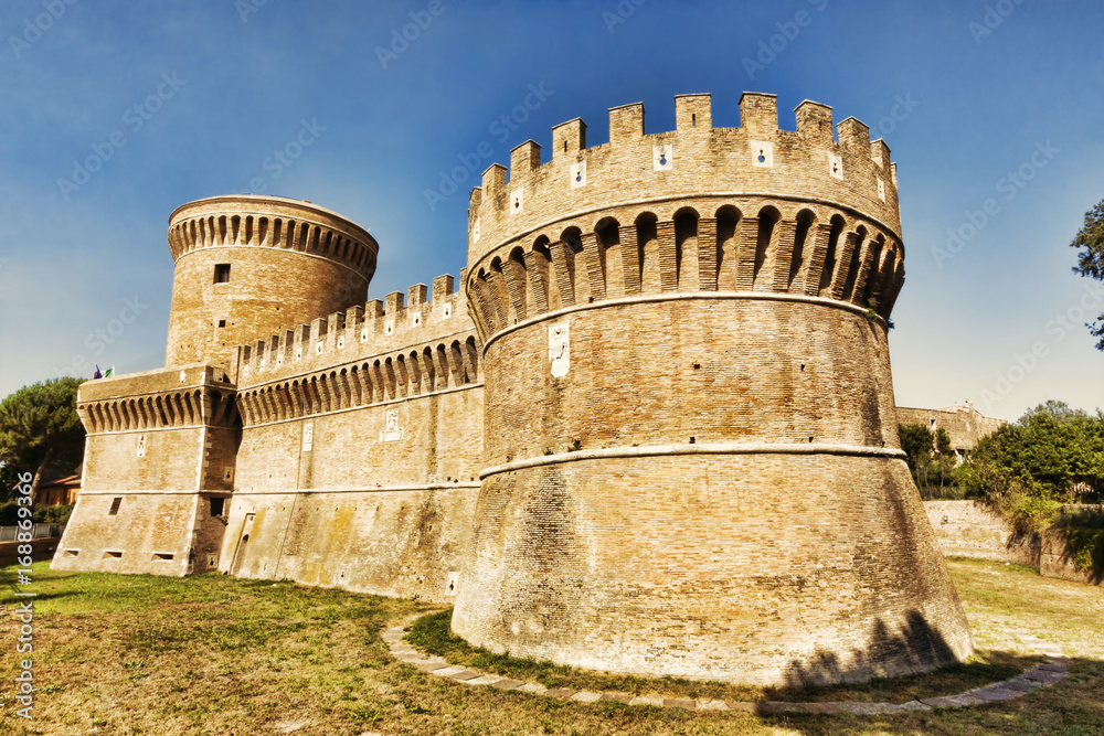 View of the roman castle of Giulio II , Ostia Antica - Rome , Italy