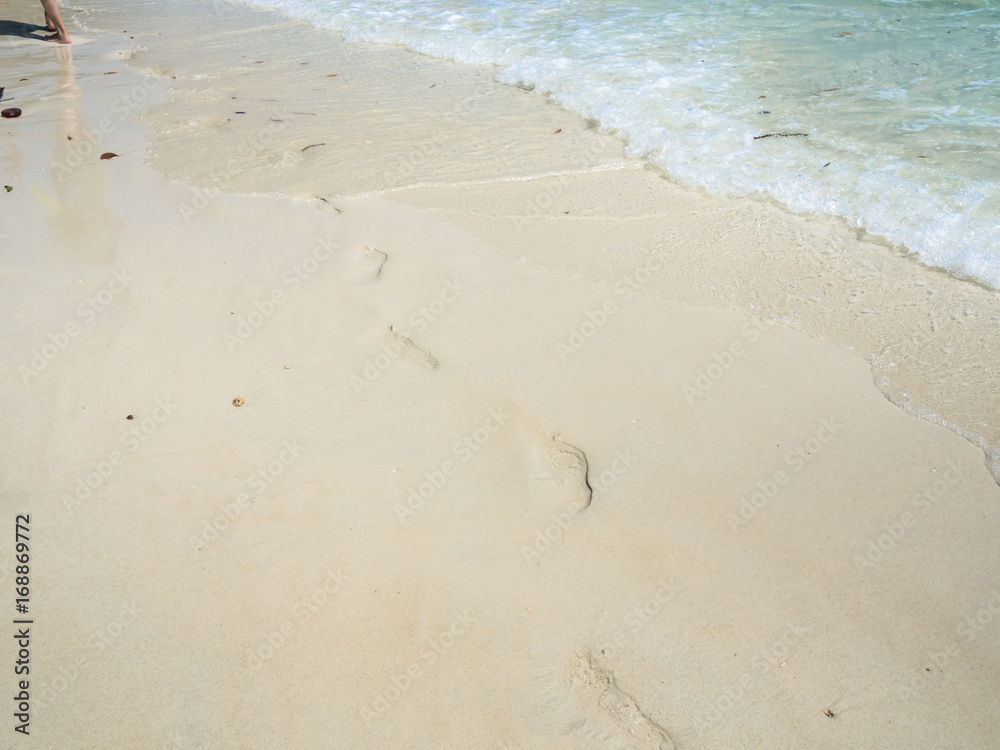 Woman walks on the beach with her footprint on sand. Woman walks on the beach with her footprint on sand.
