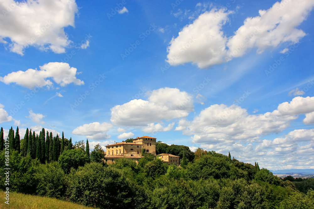 House surrounded by trees in Val d'Orcia, Tuscany, Italy