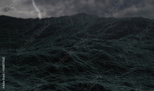 stormy3D rendering ocean, waves on rough sea or stormy ocean water, with thunders and lightnings and cloudy