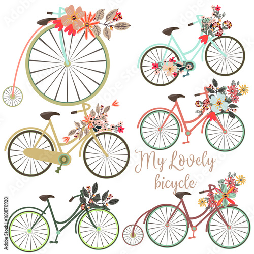 A Set of vector cute bicycles with flowers for design. Ideal for save the dates