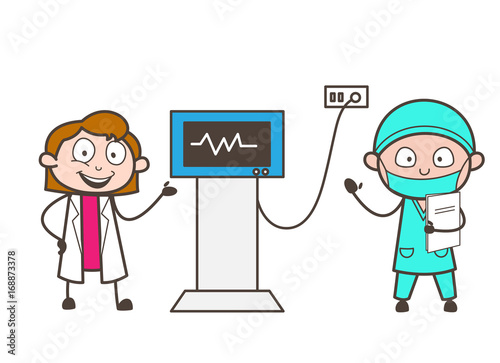 Cartoon Female Doctor and Cardiologist Showing Patient Heartbeat Vector Concept