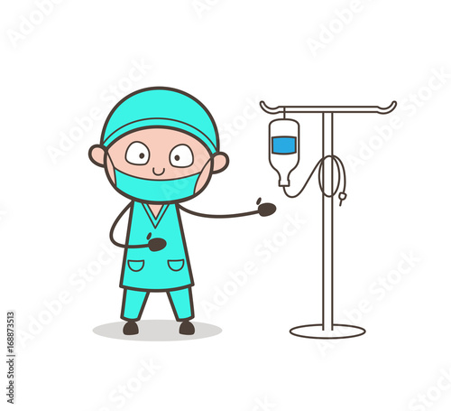 Cartoon Doctor Presenting Intravenous Therapy System Vector