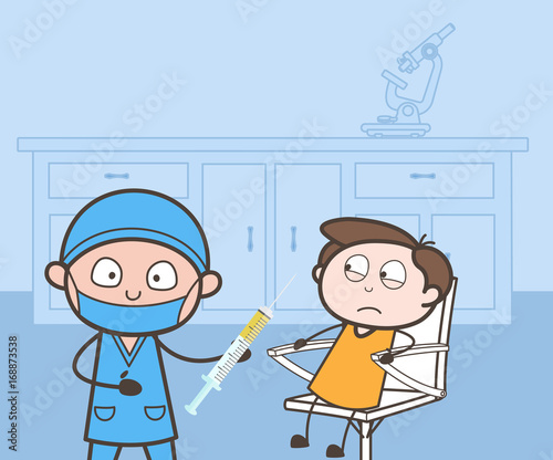 Cartoon Doctor with Syringe and Patient in Clinic Vector