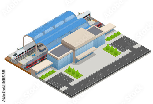 Vector isometric infographic element Railway Station Building Terminal. City Train. Building Facade Train Station public train station building with passenger trains, platform, related infrastructure